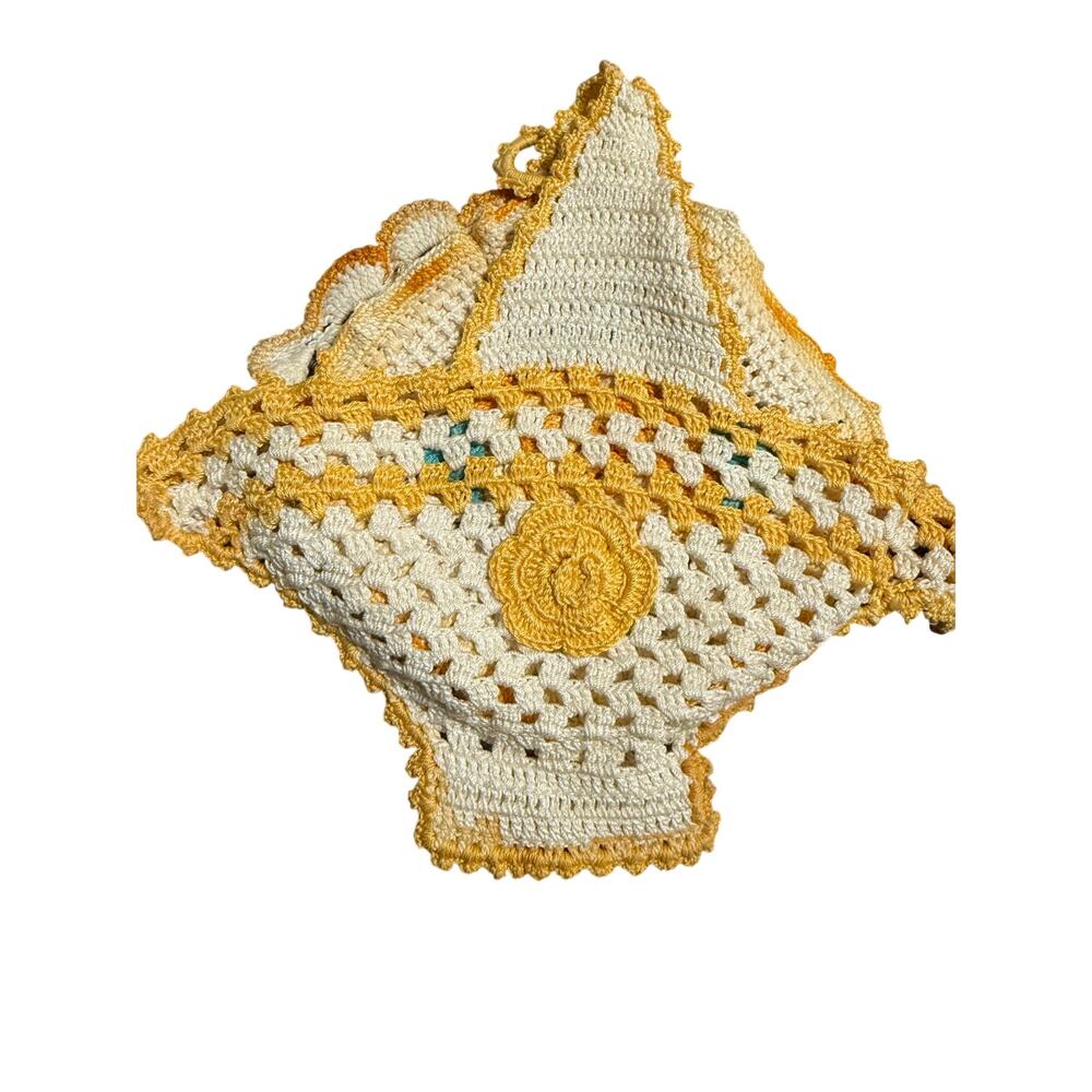 Vintage Handmade Crochet Potholder Trivet Lot Floral Dress Cottagecore Decor